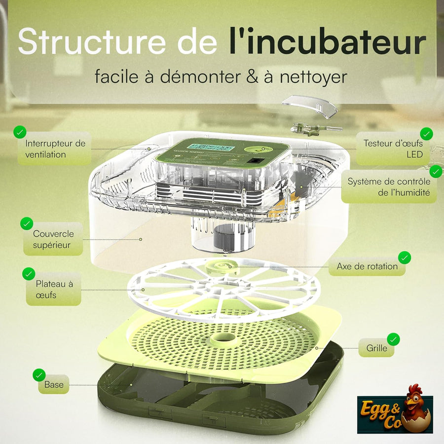 Couveuse œuf automatique PREMIUM pour poussin de poule, caille, oie, canard, volaille, oiseau Incubateur œuf fiable gère seul température, humidité, retournement des œufs, éclosion des poussins