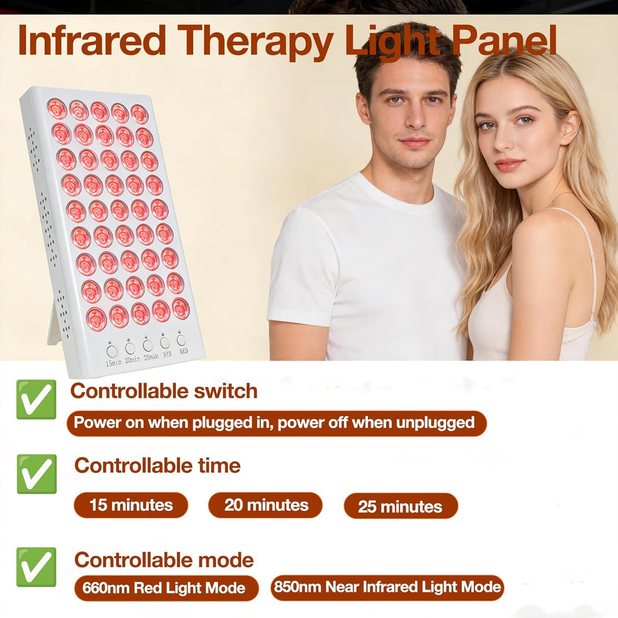 Panneau de lumière rouge - Double longueur d'onde LED 660 nm et 850 nm, avec support ajustable, 40 LED, minuterie 15/20/25 minutes, idéal pour la relaxation du visage et du corps