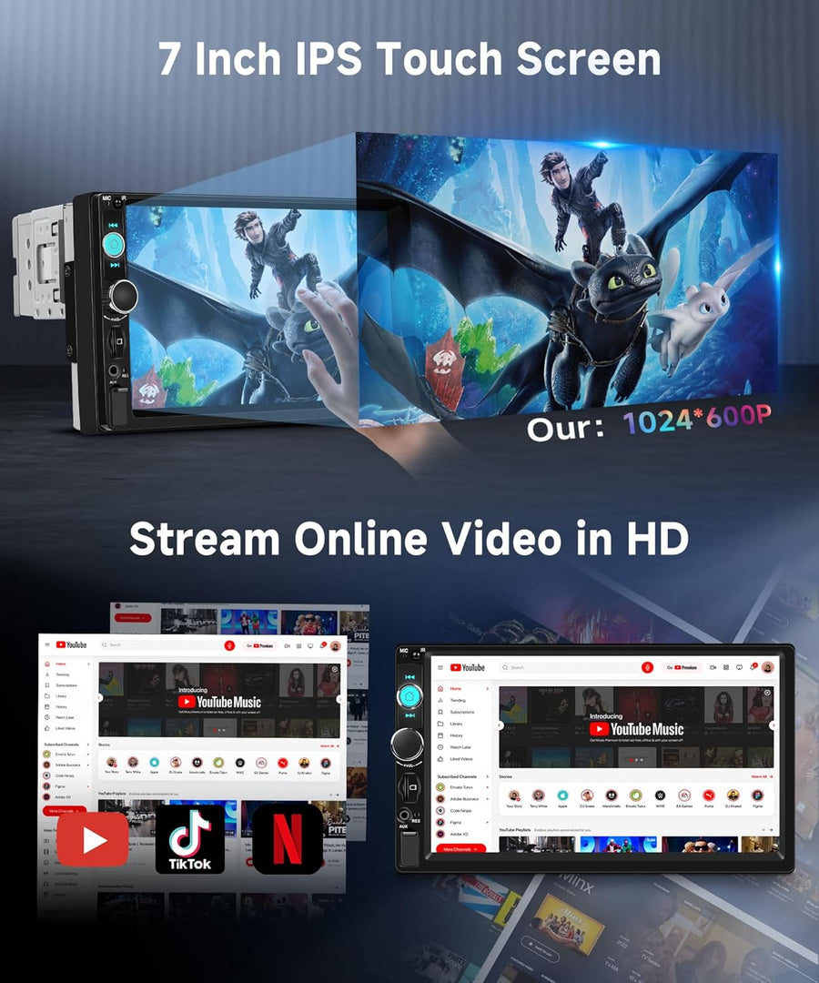 Autoradio 1 Din avec Carplay Android Auto sans Fil, 7 Pouces IPS HD Écran Tactile Poste Radio Voiture Soutien Bluetooth Radio FM EQ USB/TF/AUX Mirror Link SWC Caméra de Recul