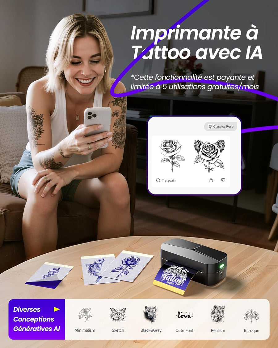 Mini Thermocopieur Tatouage pour Les Bras, Livré Avec 30 Feuilles de Papier Transfert 80x133 mm Idéal pour Les Petits Projets Créatifs, Imprimante Tatouage Bluetooth Compatible iPhone et iPad