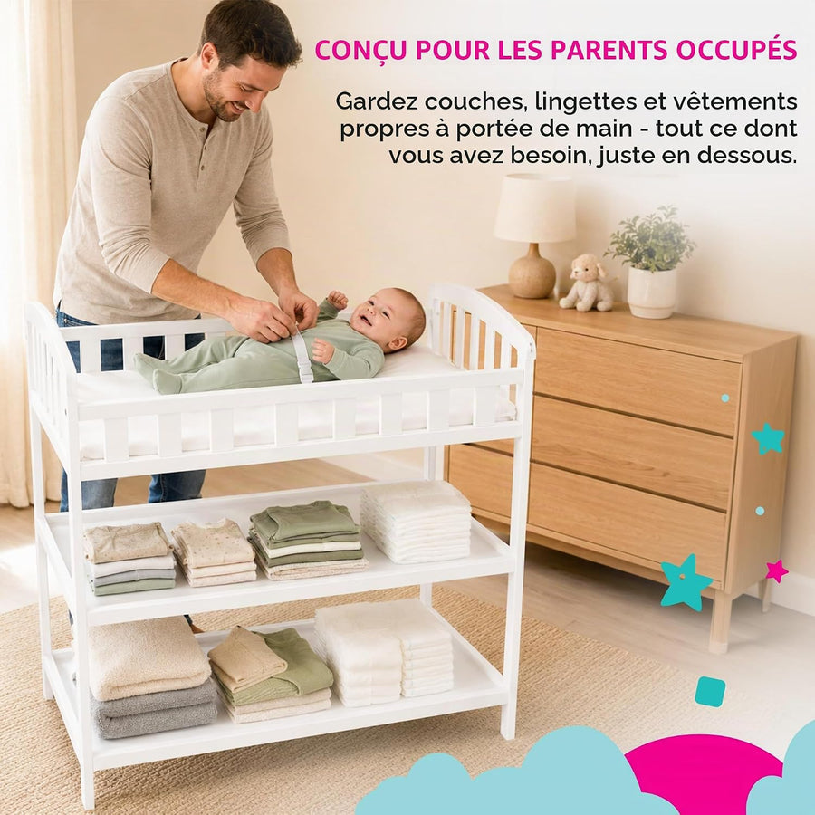 Table à Langer Bébé avec Matelas et Sangle de Sécurité Meuble a Langer avec 2 Étagères Bords Surélevés sur 4 Côtés Nouveau-né jusqu'à 12 Mois