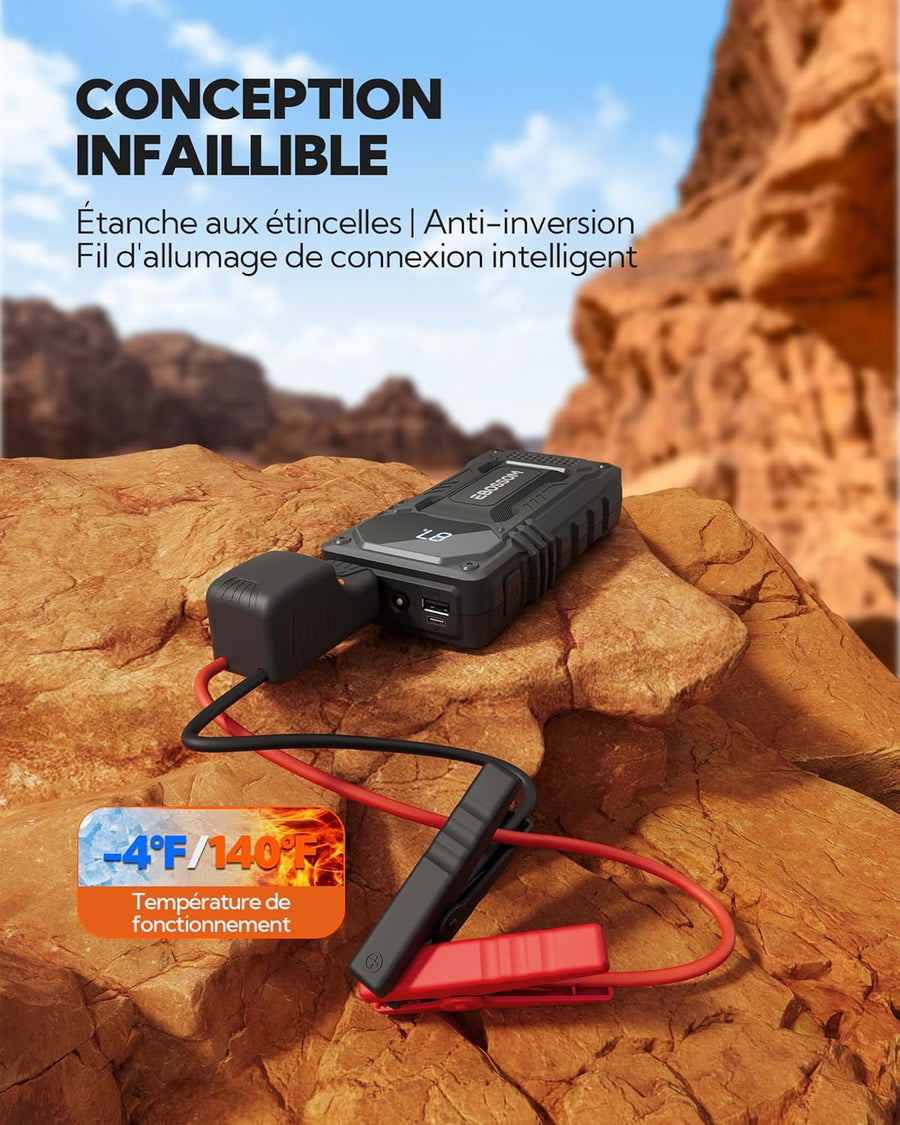 Booster Batterie Voiture, 12000mAh Démarreur de Voiture et Moto Portable, 12V Jump Starter avec Câbles de Démarrage Intelligents, Lumière LED Kit d'urgence pour Véhicules Chargeur de Secours
