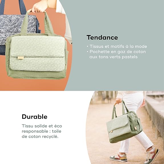 Sac à Langer 23L Quotidien Nombreux Rangements Pochette Amovible 3L 6 Accessoires Inclus Matelas à Langer Pochette Isotherme Pochette Tétine VERT