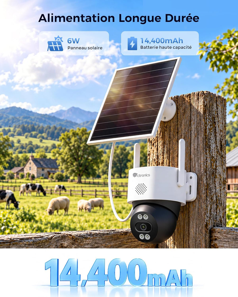 Ctronics AOV 3K Caméra de Surveillance 4G Solaire Exterieur Sans Fil,IP66 Enregistrement 24/7,Suivi Auto ,Détection Humaine 30m, 14400mAh,Panneau 6W, Farb/IR Nachtsicht,TF 128 Go / Cloud / FTP