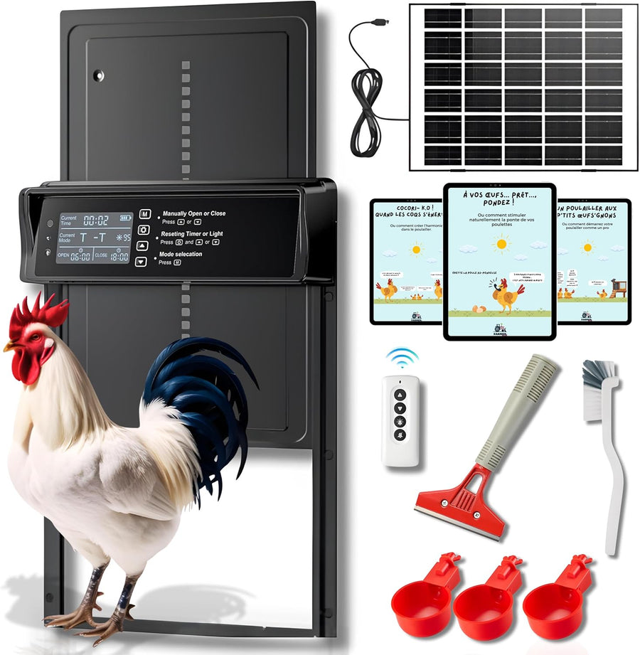 Porte Automatique Poulailler, Écran LED et Sécurité Anti-Écrasement, 3 abreuvoirs, Charge USB et Secteur, Capteur de Lumière et Minuterie, Porte Poulailler Automatique Solaire Panneau 7W en Alu