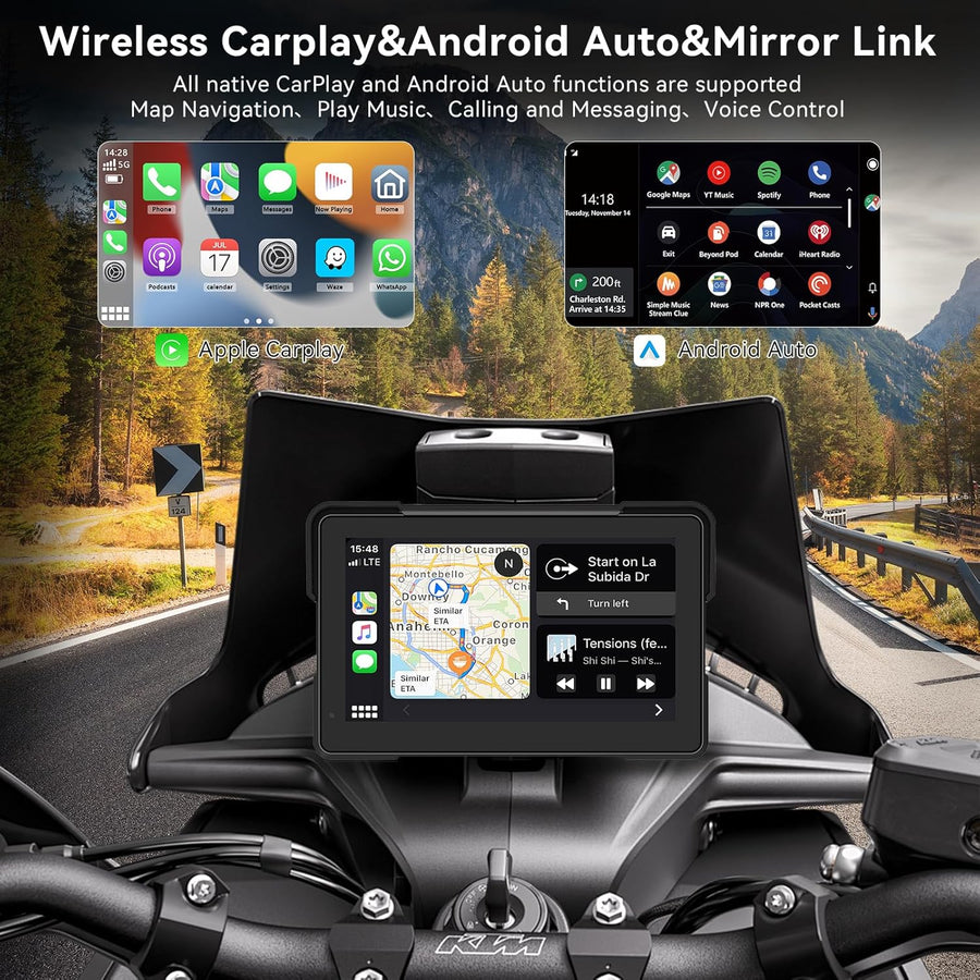 Écran Carplay Moto 7" sans Fil pour CarPlay et Android Auto avec Détection de la Pression des Pneus, IPX67 étanche, Double Bluetooth, Réglage Automatique de la Luminosité, GPS