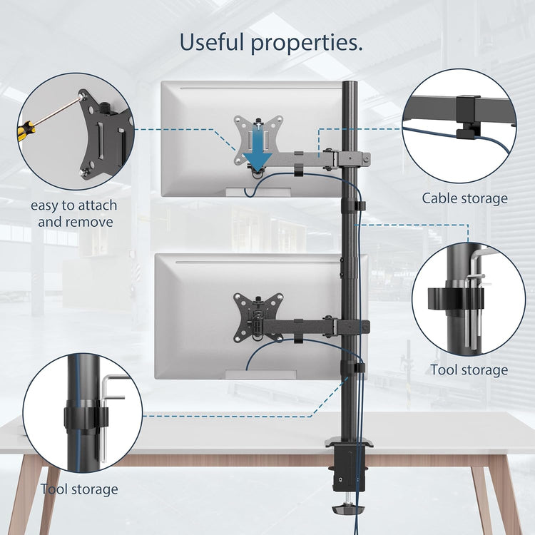 Support Double Ecran Vertical Deux Ecrans Jusqu'à 35" Réglable en Hauteur Pivot Inclinaison Rotation Pince en C