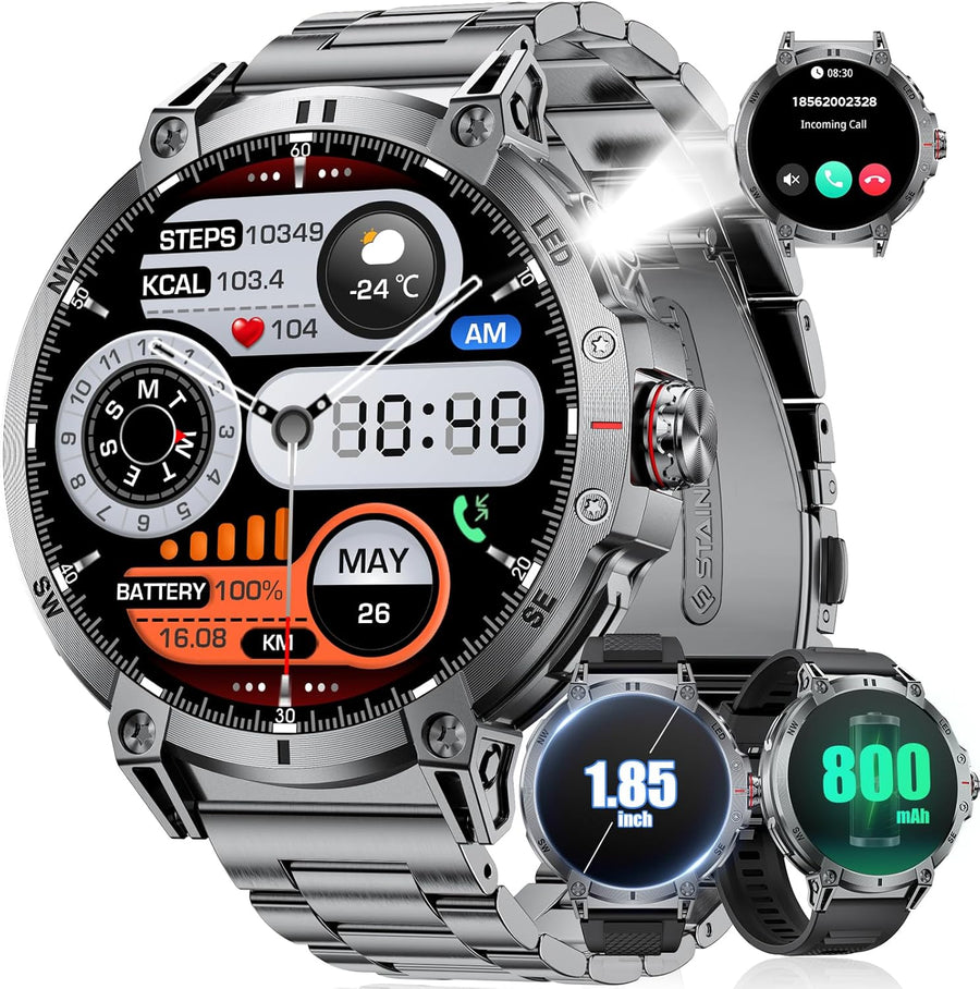 LIGE Montre Connectée Homme avec LED Lampe/1,85'' HD Écran/800mAh, Smartwatch Homme avec Appel Bluetooth,IP68 Étanche 111 Modes Sportifs/Fréquence Cardiaque/SpO2/Suivi du Sommeil Android iOS