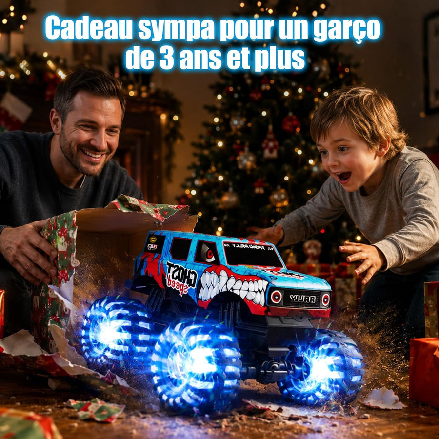 Monster Truck Dinosaure avec pneus lumineux, rotation à 360° et marche 100 min de temps de jeu, 1/20 monstertruck télécommandé avec musique, voiture télécommandée Dino 2,4 GHz à partir de 3 ans