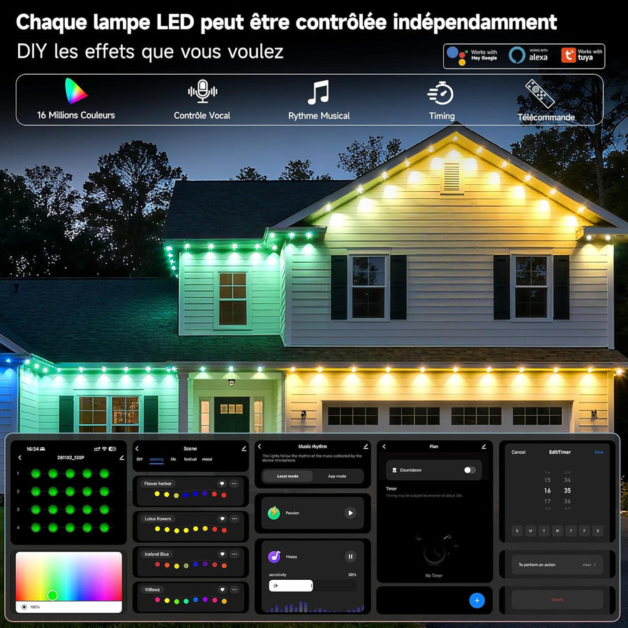 Éclairage Extérieur Permanent 30M Light RGBCW (2700K-6500K) Guirlande Lumineuse Intelligente pour les Fêtes de Jardin de Décoration de Noël et l'éclairage Quotidien IP67 Blanc