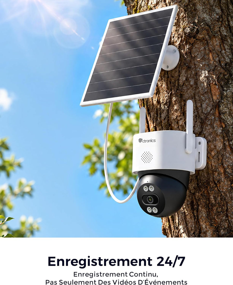 Ctronics AOV 3K Caméra de Surveillance 4G Solaire Exterieur Sans Fil,IP66 Enregistrement 24/7,Suivi Auto ,Détection Humaine 30m, 14400mAh,Panneau 6W, Farb/IR Nachtsicht,TF 128 Go / Cloud / FTP