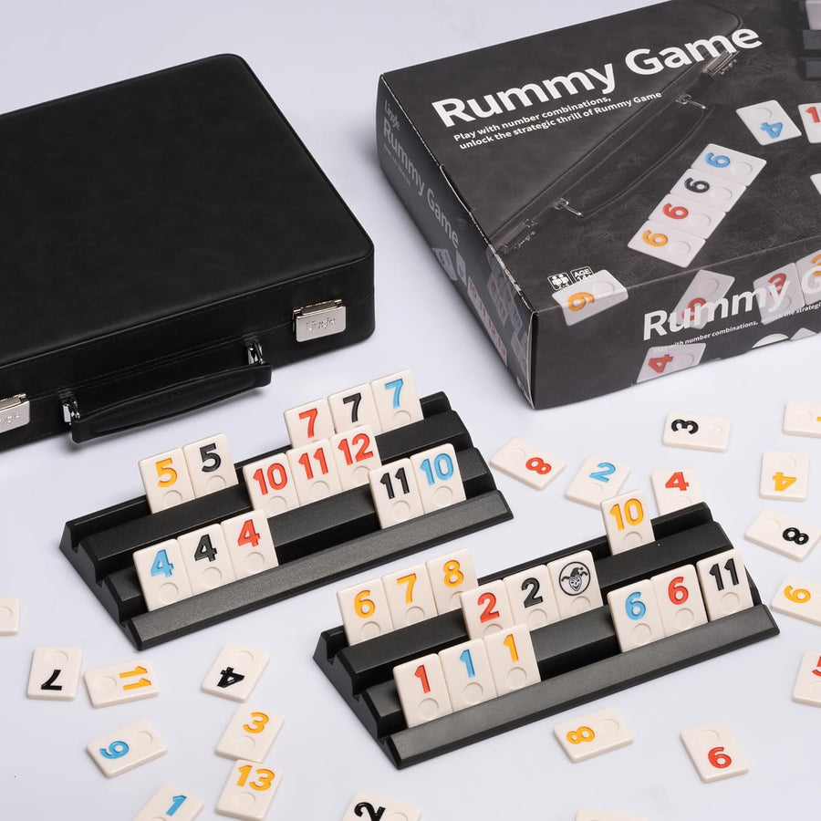 Jeu de rami, 2 à 4 joueurs avec 106 tuiles de rami et 4 supports, jeu de rami de voyage avec étui en simili cuir, jeux de société classiques amusants pour toute la famille