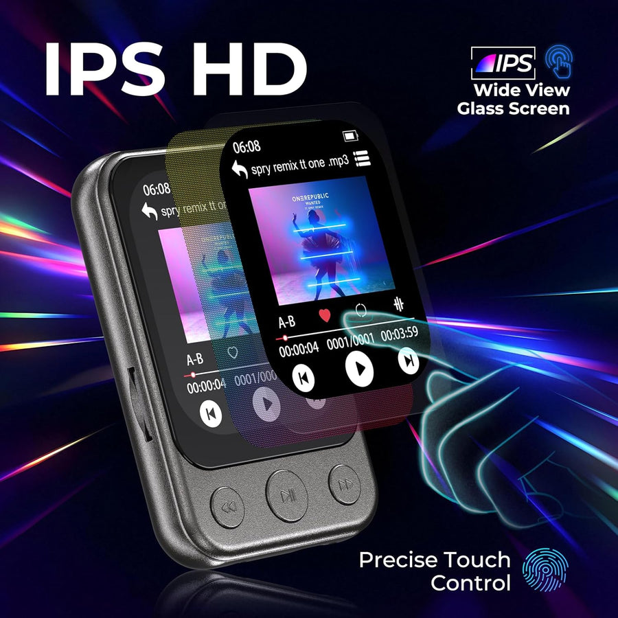 Lecteur MP3 64GB Bluetooth 5.3 avec Clip & Haut-Parleur, Lecteur de Musique Sport avec Écran Tactile et Boutons, Contrôle de Volume Indépendant, Radio FM, Extensible jusqu'à 128GB