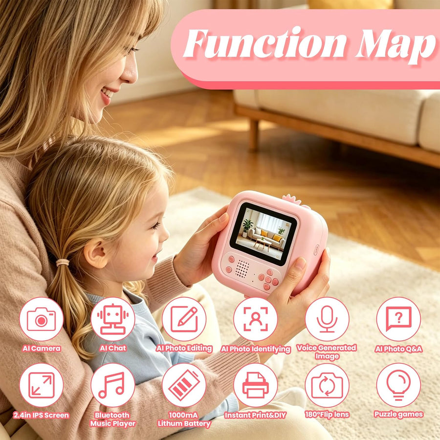 Appareil Photo Numérique IA, Appareil Photo Enfant, Écran IPS 2,4" Appareil Photo Instantané Enfant 1080P avec Détection d’Objets, Chat IA, Bluetooth et Wi-Fi