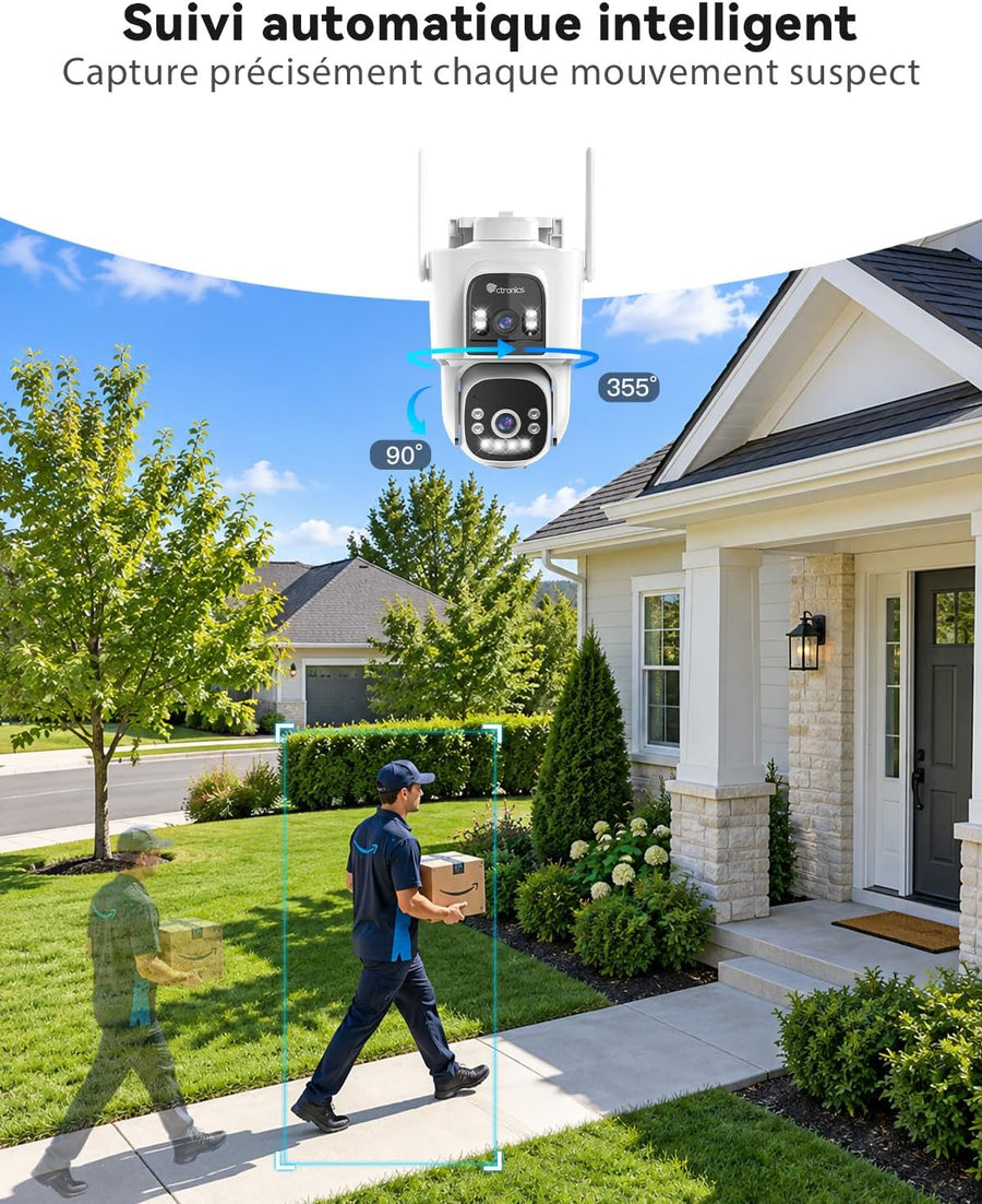 Camera Surveillance Solaire AOV Double Objectif,WiFi Extérieure 3MP+3MP Enregistrement 24/7, 8W & 15600mAh, 30m Détection Humaine Suivi Auto, Vision Nocturne, PTZ 355° IP66