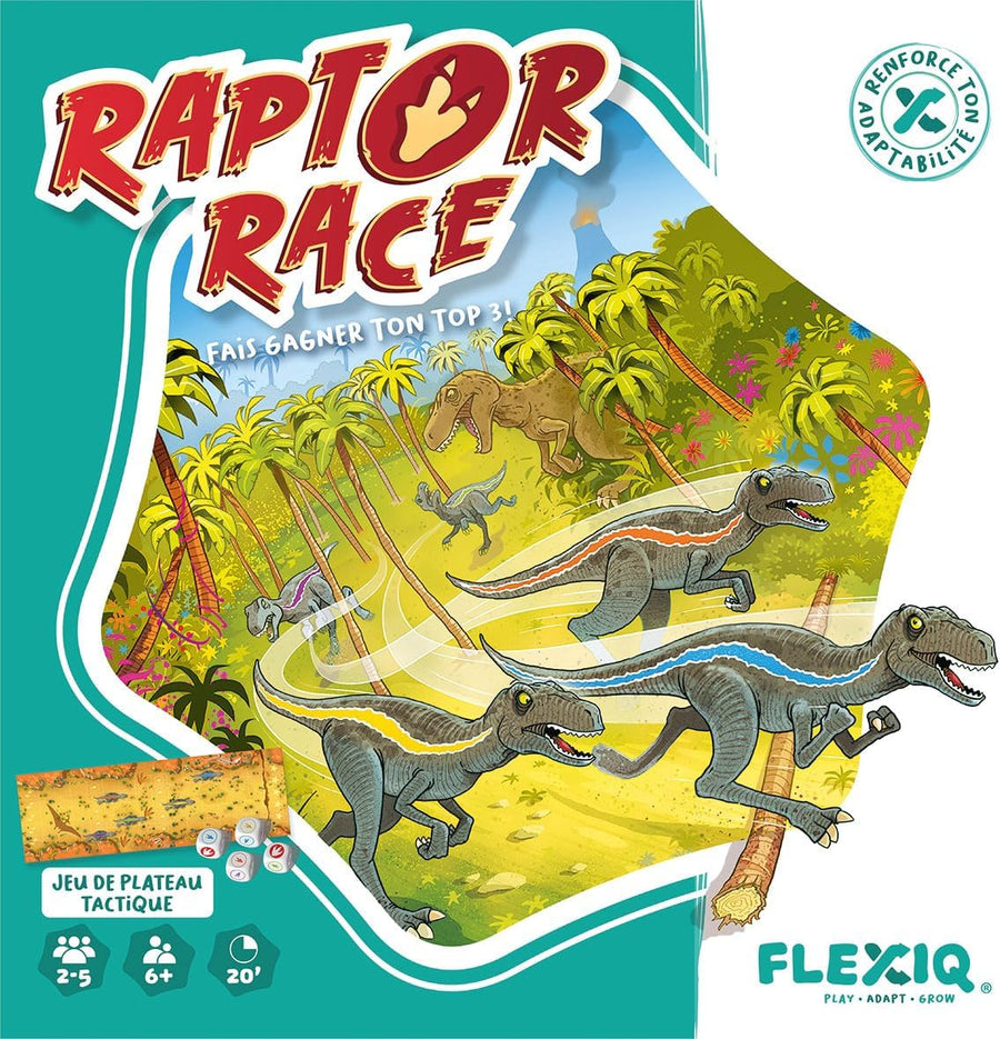 Asmodee - Raptor Race - FlexiQ - Jeux de société - Jeu de Course Tactique - Jeu Enfant 6 Ans - 2 à 5 Joueurs - 20 Min - Figurines Dinosaures - Plateau Double-Face - Version française