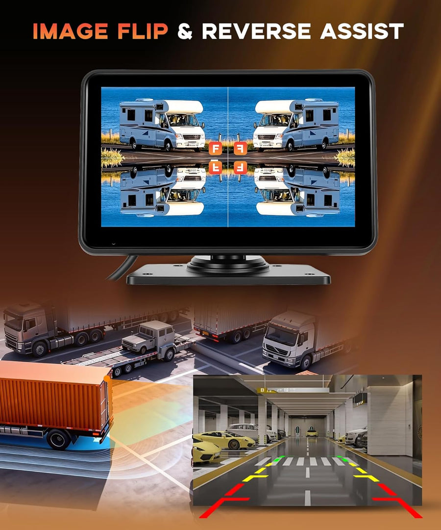 Caméra de Recul 2 Caméras avec Android Mirror LInk, 7 Pouces Moniteur 2 Écran Divisé IP68 Étanche, Vision Nocturne, Loop Video/Ligne Inversée