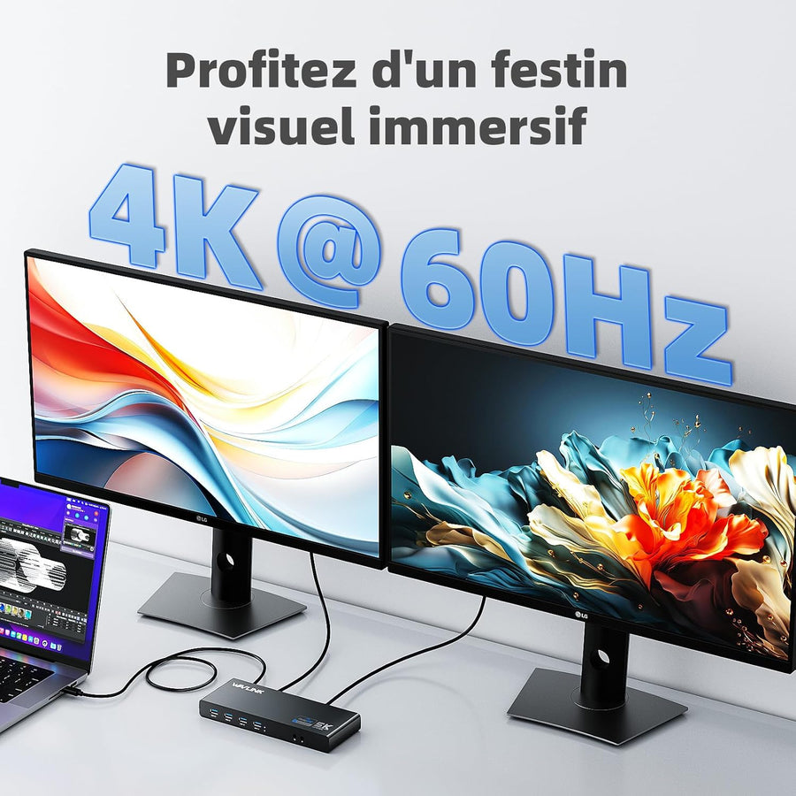 Displaylink USB C Station d'accueil Universelle avec 2 x HDMI & DP 65 W PD, Gigabit Ethernet, 6 × USB 3.0, Audio, Microphone, Compatible avec Mac OS et Windows