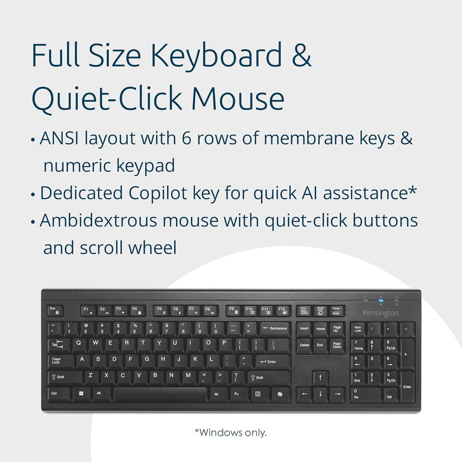 Kensington KM270 EQ Set Clavier sans Fil Rechargeable et Souris silencieuse ambidextre pour PC, 2.4GHz & BT 5.0, résistant aux éclaboussures, AZERTY ISO - NOIR