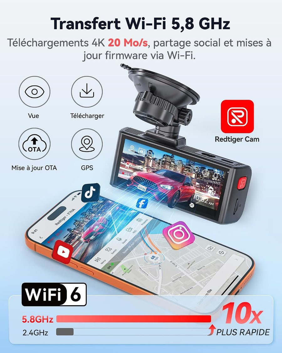 REDTIGER F7NA Caméra embarquée 4K avant et arrière, 8 MP STARVIS 2 IMX678 Commande vocale, écran tactile, WiFi 5 GHz 20 Mo/s, 4K avant 1080p arrière, GPS, vision nocturne WDR, HDR