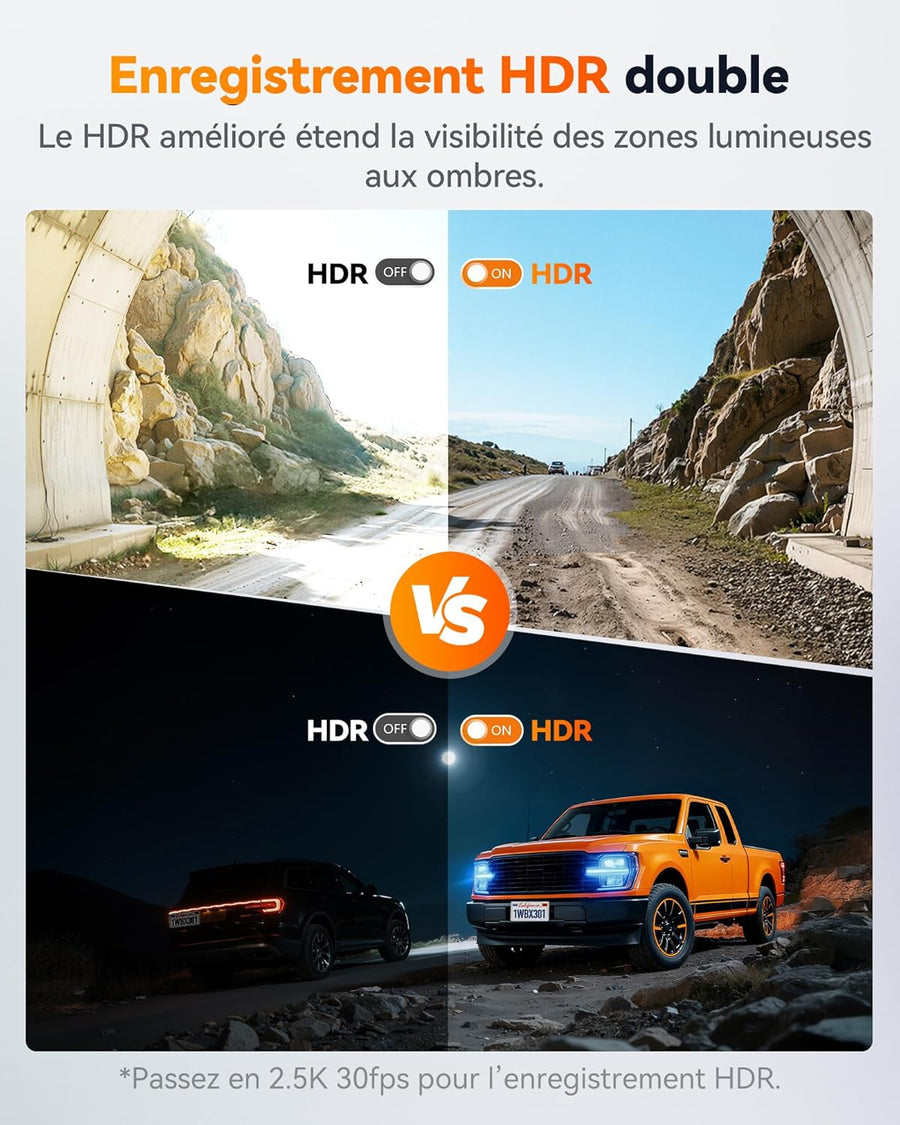 WOLFBOX X3 PRO Caméra embarquée pour voiture 1440P 60 fps + 1440P ADAS Caméra avant arrière Dual Starvis 2 IMX 675, stabilisation d'image avec WiFi 5,8 GHz, carte 64 Go et GPS inclus, commande vocale