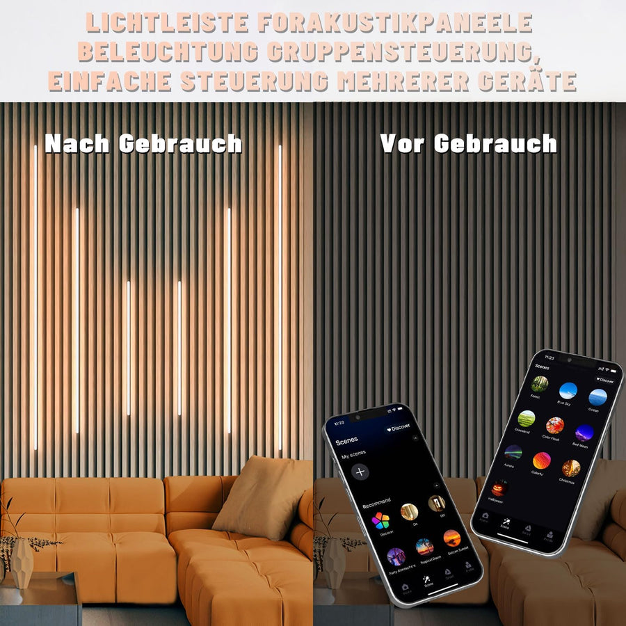 Lumière Ruban LED pour Panneau Acoustique Bois，38cm*2+60cm*4 - 6 Pièces Encastré WiFi LED Panneau Acoustique Bande Blanc Chaud avec Alexa, Autocollante pour Panneaux Acoustiques, Cuisine