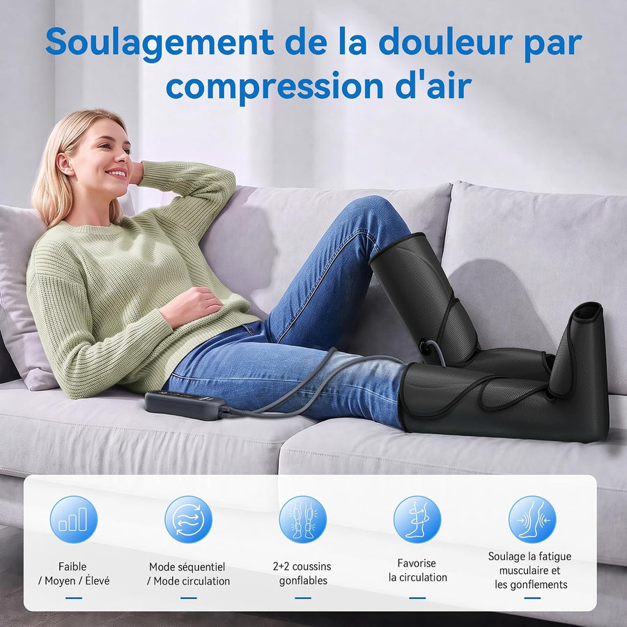 Bottes Pressothérapie, Circulation Sanguine Soulage la Douleur Pressothérapie pour mollets pieds jambes, réduisant les gonflements, 3 intensités et 2 sangles d'extension