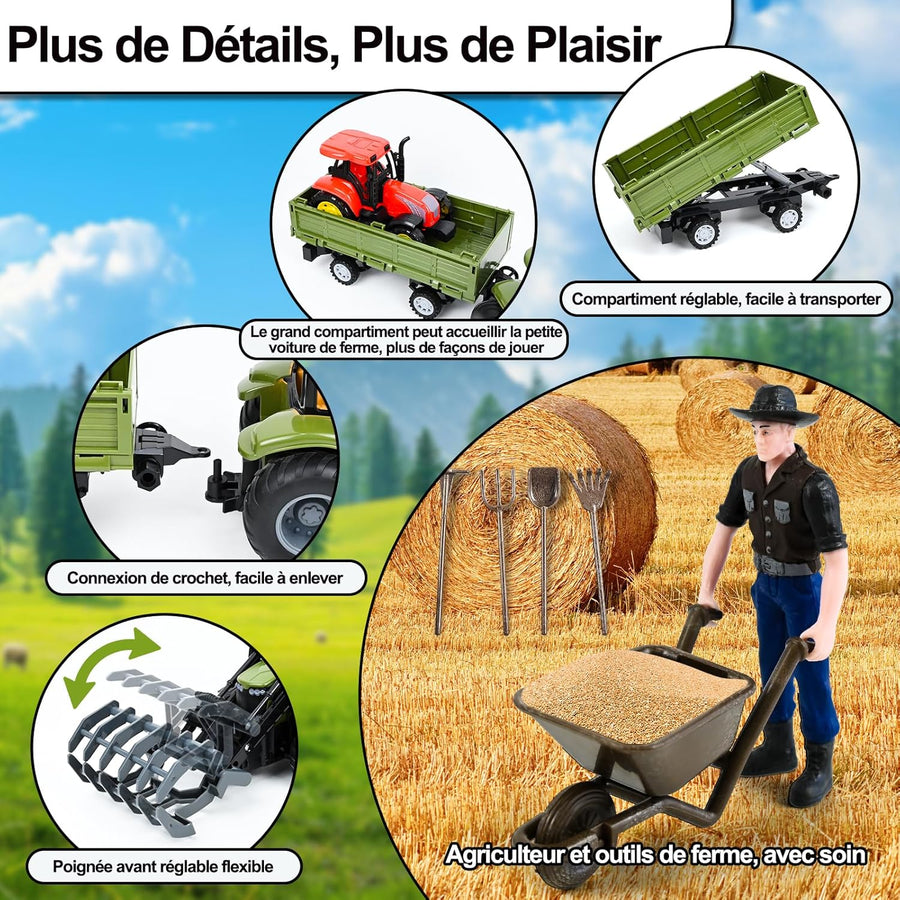 Tracteur Telecommandé Enfant, 6 Canaux Tracteur Télécommandé, Jouet Tracteur avec Grappin, Télécommande, Tracteur, Vache et Troncs d'arbre, Jouet Ferme