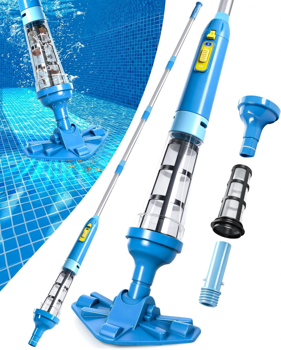 Aspirateur Piscine sans Fil avec Perche Rétractable, 60L/Min Aspirateur Spa Manuel Durée de Fonctionnement Jusqu'à 90 Minutes, 5200mAh Portable Rechargeable Balai Aspirateurs Piscine Hors Sol