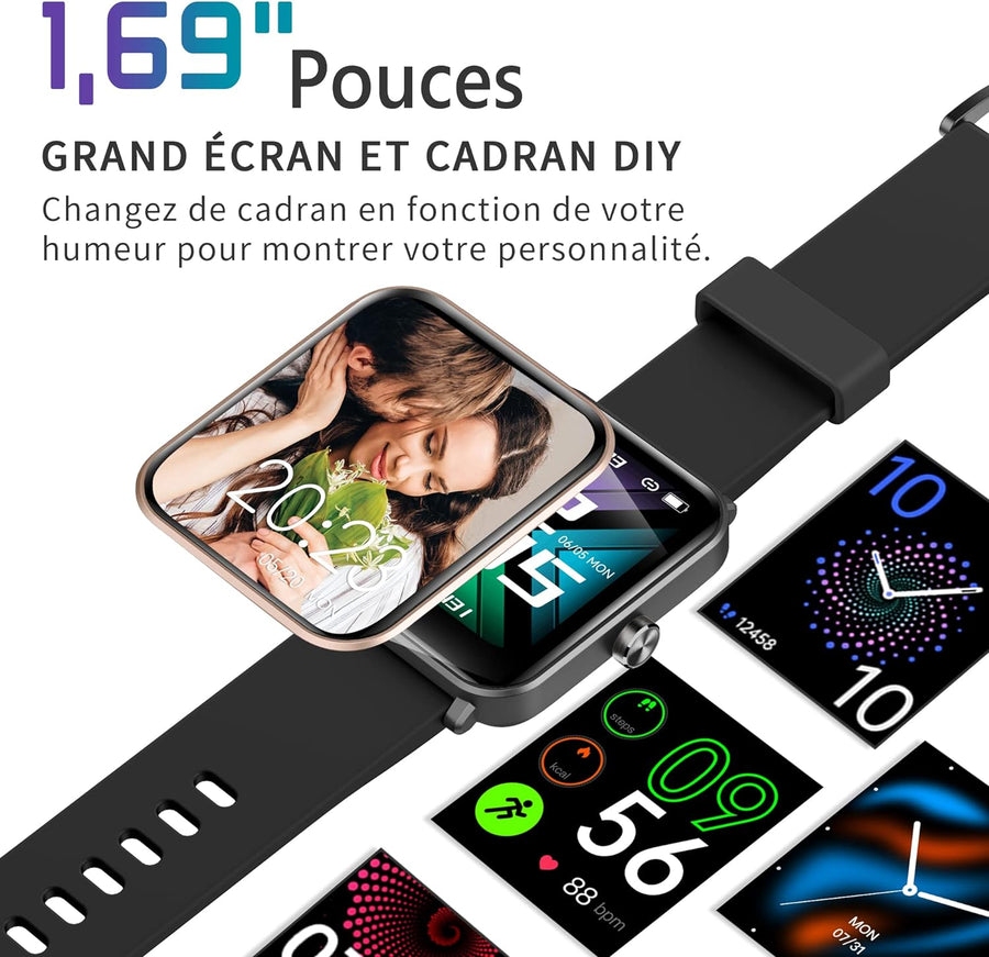 Montre Connectée Appels Bluetooth Assistant Vocal Intégré Ecran 1,69" Etanche Tracker NOIR