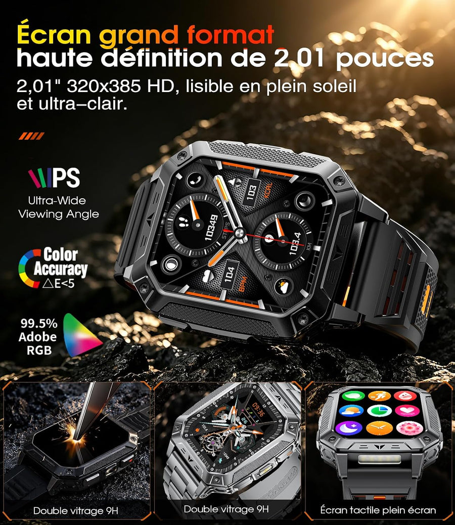 Montre Connectée Homme, 2.01'' Smartwatch avec LED Lampe, 100+ Modes Sportifs, Étanchéité IP68, Appels Bluetooth Smartwatch Militaire, Surveillance Cardiaque 24H,Sommeil, SpO2, Android/iOS