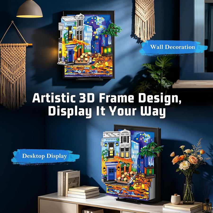 Reobrix 66702 Night Sky Cafe avec Jeu de Construction Lumineux pour Adultes, Cadre Photo 3D inspiré de Van Gogh, décoration Murale ou à Poser, Cadeau pour Les 14 Ans et Plus (2678 pièces)