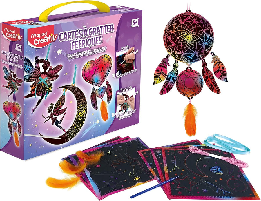 Maped Creativ - Coffret de Cartes à Gratter Féerique et Attrape-Rêves - 6 Cartes à Gratter plus Ruban plus Fils plus Plumes plus 1 Stylet