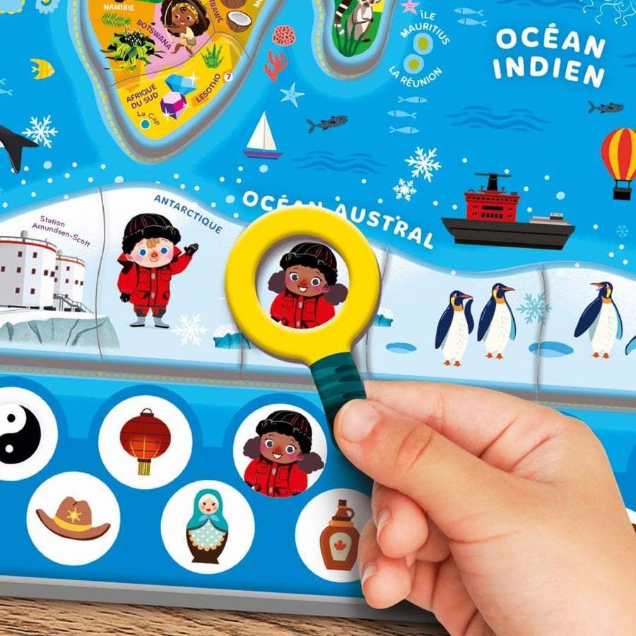 CLEMENTONI - Mon Puzzle Magnétique du Monde 4 Ans + - Planisphère Interactif - Découverte Animaux & Monuments - Jeu Éducatif Enfant