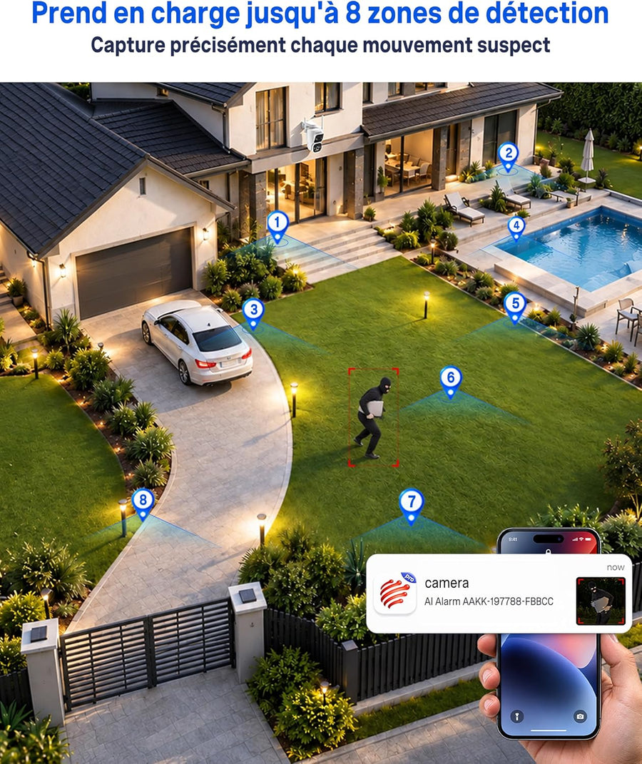 Ctronics 4G LTE AOV Camera Exterieur sans Fil Solaire, Camera sans WiFi Caméra de Surveillance Extérieur à Double Objectif 2K, Suivi Automatique, Enregistrement 24/7, Détection IA, Camera Carte Sim