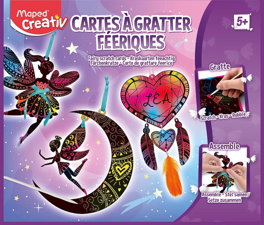 Maped Creativ - Coffret de Cartes à Gratter Féerique et Attrape-Rêves - 6 Cartes à Gratter plus Ruban plus Fils plus Plumes plus 1 Stylet