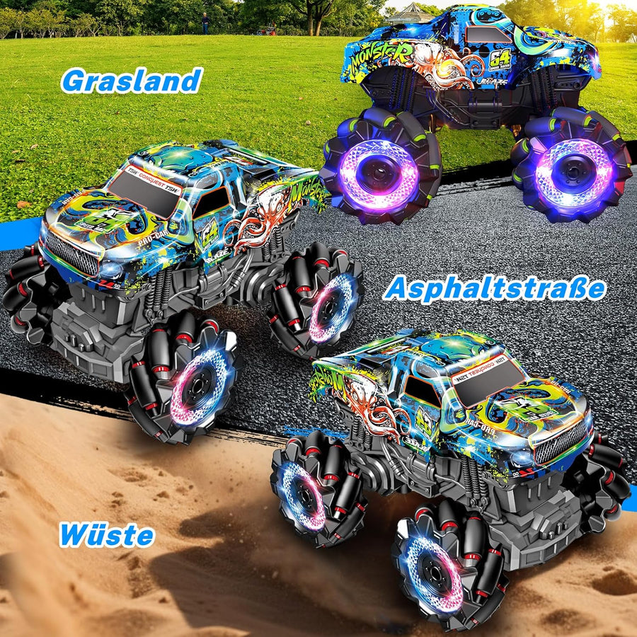 Monster truck télécommandé avec pneus lumineux et musique, 2,4 GHz, rotation à 360 °, camion Monster Truck 1/20 avec 2 batteries 50 min d'autonomie