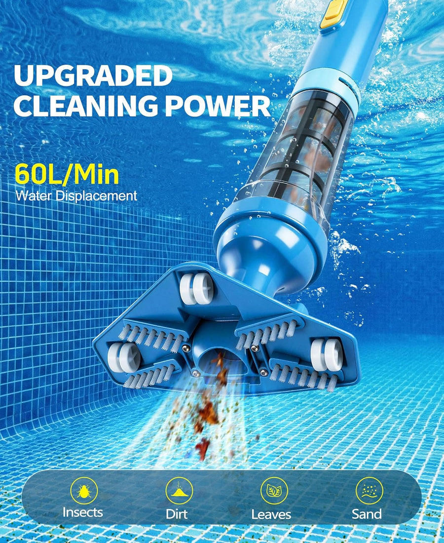 Aspirateur Piscine sans Fil avec Perche Rétractable, 60L/Min Aspirateur Spa Manuel Durée de Fonctionnement Jusqu'à 90 Minutes, 5200mAh Portable Rechargeable Balai Aspirateurs Piscine Hors Sol