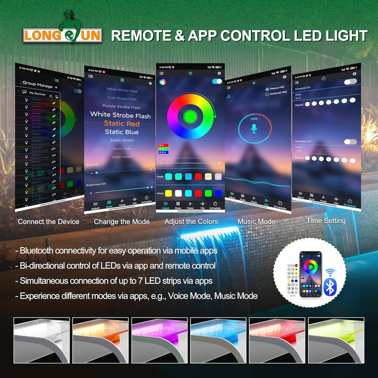 Kit Cascade Longueur 90cm Largeur 26cm pour Bassin Lame Cascade Acrylique Incurvée Eclairage LED Bluetooth 7 Couleurs et Télécommande