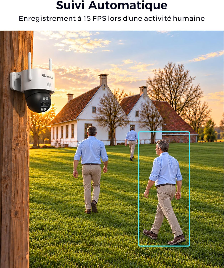 Ctronics AOV 3K Caméra de Surveillance 4G Solaire Exterieur Sans Fil,IP66 Enregistrement 24/7,Suivi Auto ,Détection Humaine 30m, 14400mAh,Panneau 6W, Farb/IR Nachtsicht,TF 128 Go / Cloud / FTP