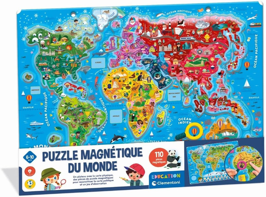 CLEMENTONI - Mon Puzzle Magnétique du Monde 4 Ans + - Planisphère Interactif - Découverte Animaux & Monuments - Jeu Éducatif Enfant