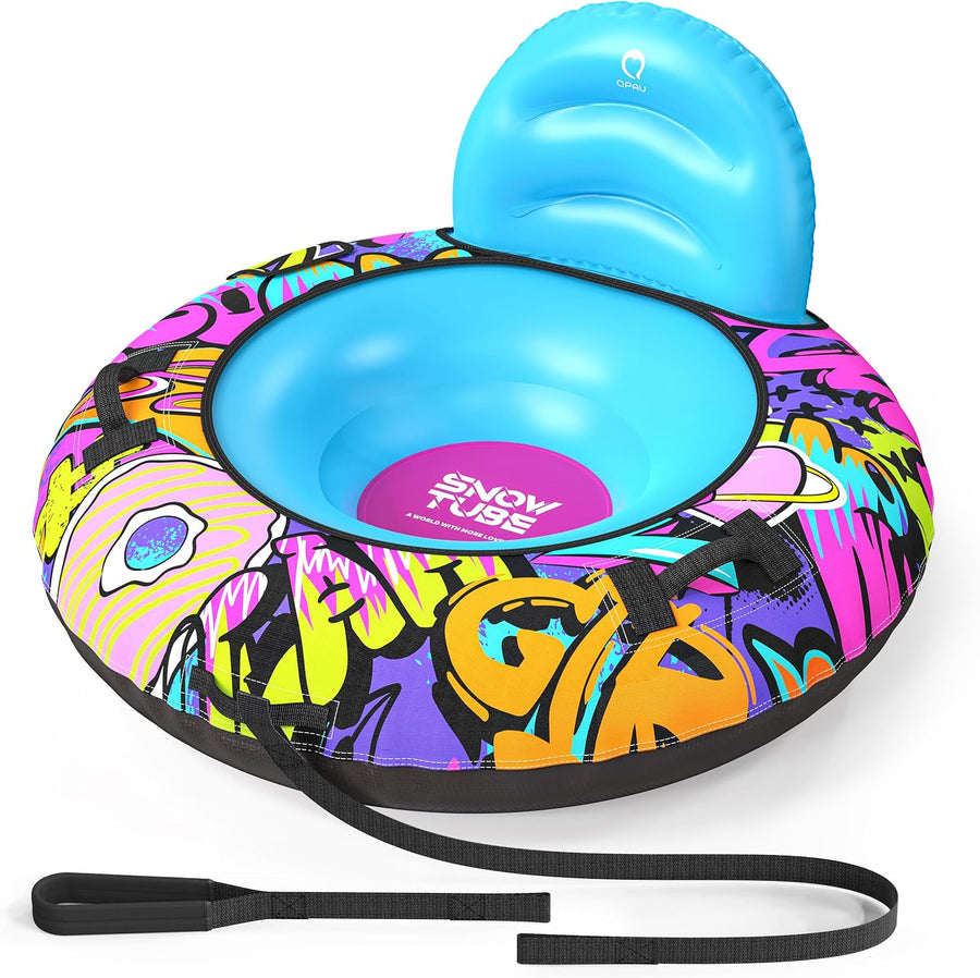 Tube à neige de 111,8 cm avec dossier – Traîneau gonflable robuste d'une capacité de 226,8 kg avec housse, poignées et corde de remorquage, traîneaux à neige pour enfants et adultes BLEU