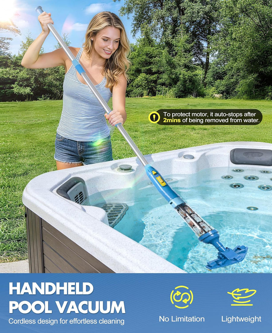 Aspirateur Piscine sans Fil avec Perche Rétractable, 60L/Min Aspirateur Spa Manuel Durée de Fonctionnement Jusqu'à 90 Minutes, 5200mAh Portable Rechargeable Balai Aspirateurs Piscine Hors Sol