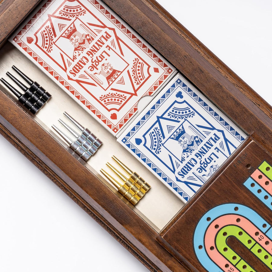 Jeu de cribbage haut de gamme en bois de 40 cm avec 9 pions métalliques, plateau à 3 pistes continues, 2 jeux de cartes et grand rangement, jeu de cribbage classique portable pour les voyages