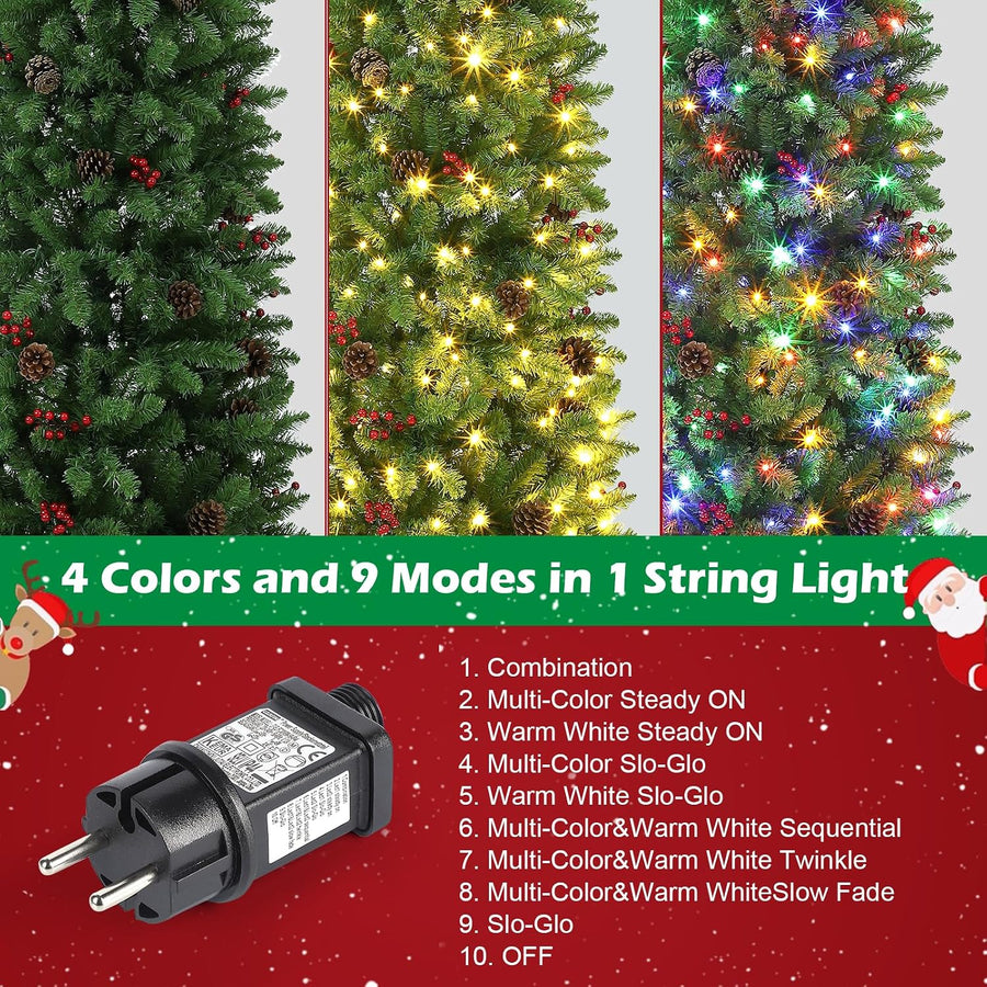 Sapin de Noël artificiel de 230 cm avec lumières LED chaudes et multicolores – Branches en PVC – Support métallique – Pommes de pin, baies rouges