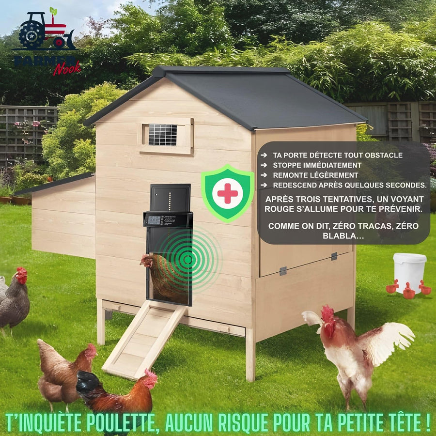 Porte Automatique Poulailler, Écran LED et Sécurité Anti-Écrasement, 3 abreuvoirs, Charge USB et Secteur, Capteur de Lumière et Minuterie, Porte Poulailler Automatique Solaire Panneau 7W en Alu