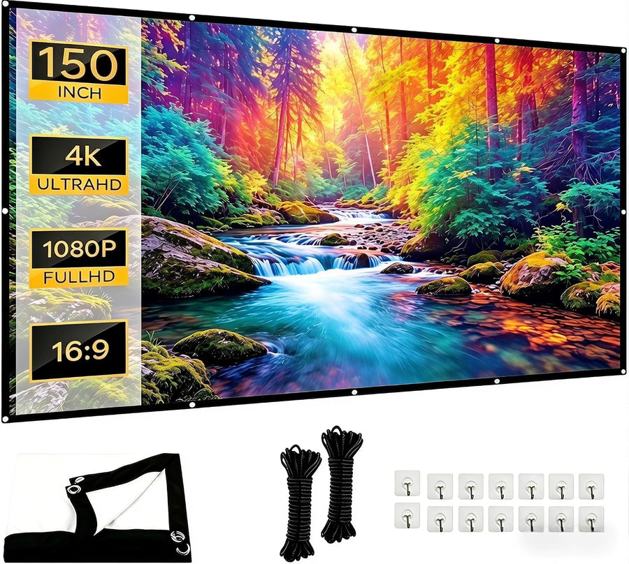 Écran de Projection 150 Pouces 16:9, Toile Vidéoprojecteur Pliable et Portable, Anti-Plis, Compatible 4K et Full HD, pour Cinéma Maison, Extérieur et Événements