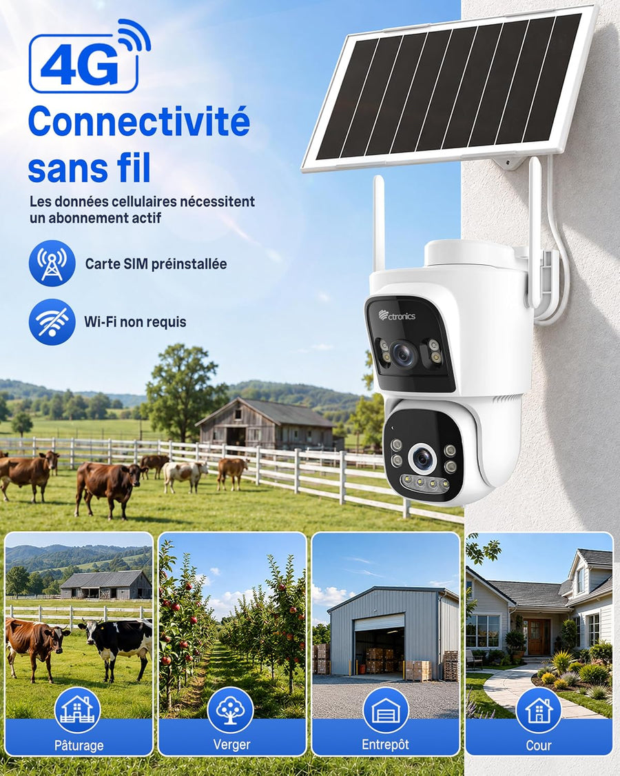 Ctronics 4G LTE AOV Camera Exterieur sans Fil Solaire, Camera sans WiFi Caméra de Surveillance Extérieur à Double Objectif 2K, Suivi Automatique, Enregistrement 24/7, Détection IA, Camera Carte Sim