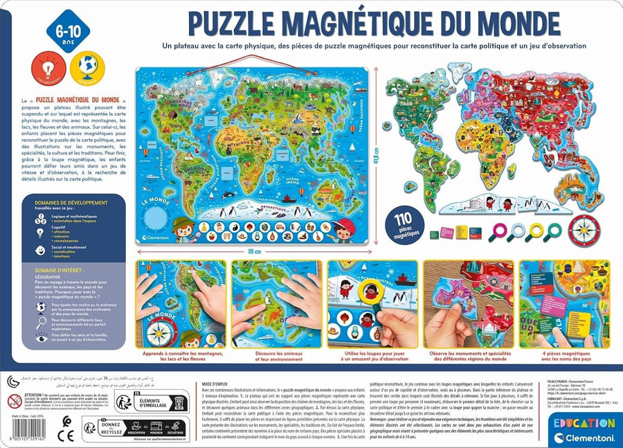 CLEMENTONI - Mon Puzzle Magnétique du Monde 4 Ans + - Planisphère Interactif - Découverte Animaux & Monuments - Jeu Éducatif Enfant