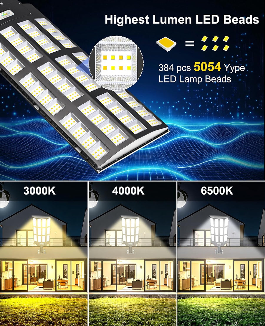 Lampadaire Solaire Exterieur, 6500K Projecteur Exterieur Puissant avec Télécommande, IP67 Étanche Spot Solaire Exterieur avec Detecteur de Mouvement pour Rue, Garage, Parking